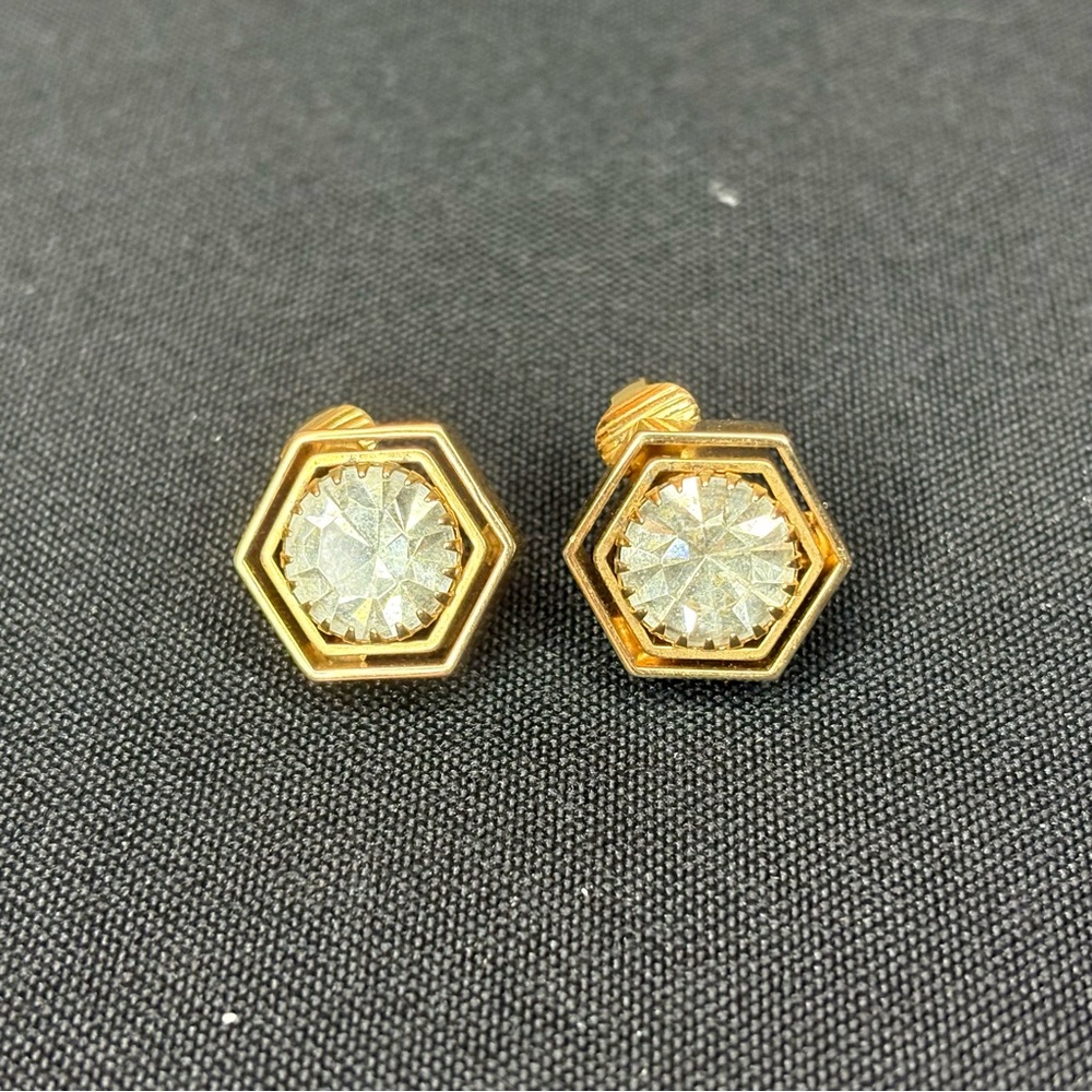Antique Clip-On Earrings, Costume Gold, Rhinestone